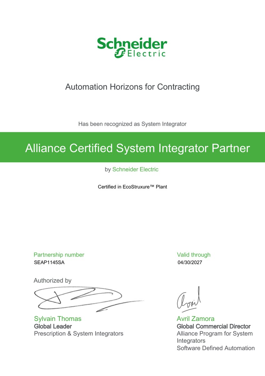 Schneider Electric Alliance Certified System Integrator Partner certificate preview
